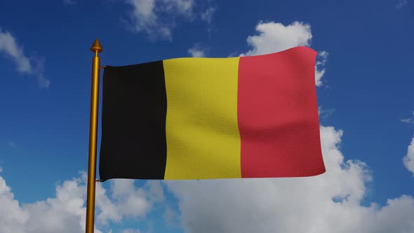 National flag of Belgium waving with flagpole and blue sky timelapse
