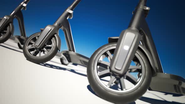 Modern electric scooters standing in a row in an endless looping animation. 4KHD