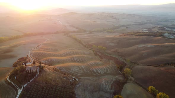 Val d'Orcia Valley Sunrise in Tuscany Aerial View