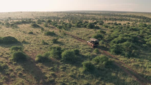 4 wheel drive vehicle on wildlife safari vacation in Kenya, Africa. Aerial drone follow