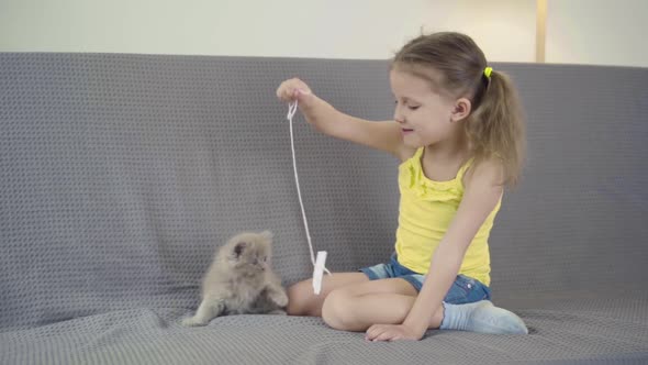 Little Girl Child Playing With Kitten At Home In Room