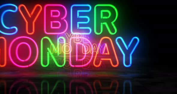 Cyber Monday symbol glowing neon 3d lights alt