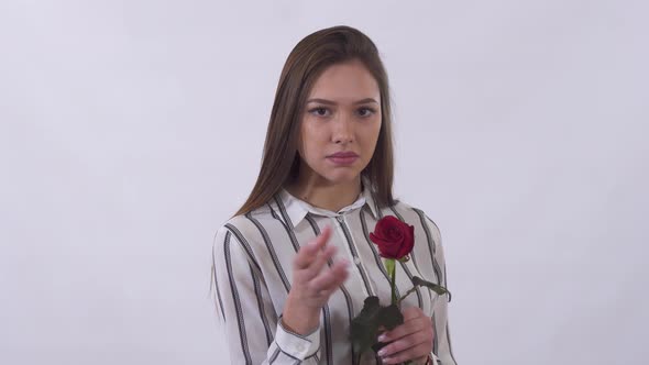 Portrait of Sad Young Woman, Tearing Off Petals of Rose Isolated on White Background in Studio