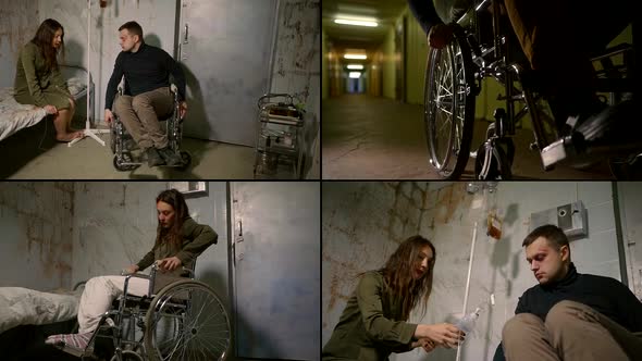 Collage of Mentally Ill People Who Are in a Psychiatric Hospital, a Man Sitting in a Wheelchair, and