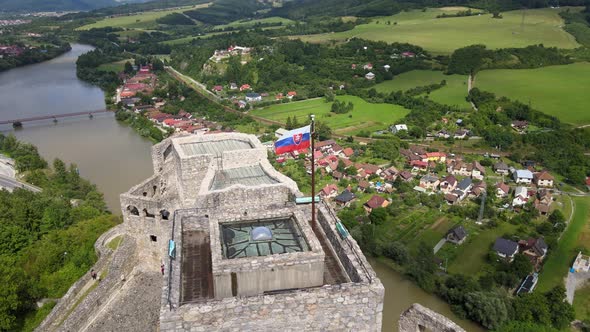 A view of the Slovak flag at the castle in the village of Strecno in Slovakia