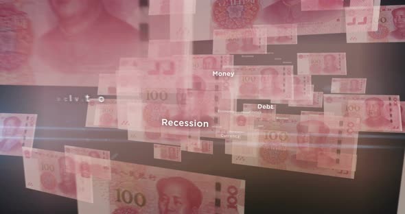 China Yuan 100 banknote – flying between transparent money