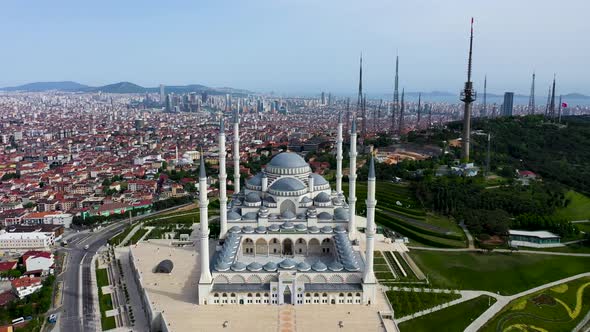 Aerial Drone View of Istanbul Camlica Mosque and Bosphorus