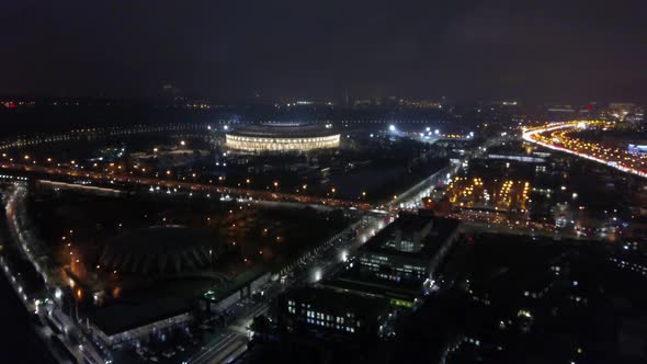 Night Moscow with Luzhniki Stadium, Aerial View