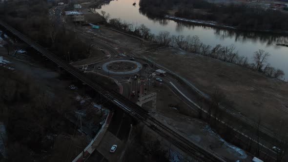 Richmond VA James River Aerial over Train Tracks and Traffic Circle