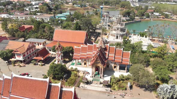Aerial view of  Wat Chalong, Buddhist temple in Phuket. Establishing shot 