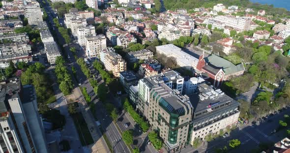 Aerial view of street traffic of the city center.  Urban Landscape. 4K video. Varna, Bulgaria