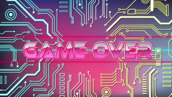 Animation of Game Over words on video game screen with elements of computer circuit board