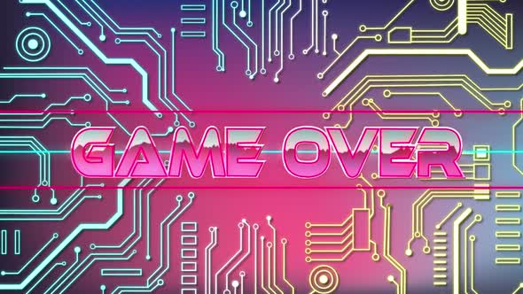 Animation of Game Over words on video game screen with elements of computer circuit board alt