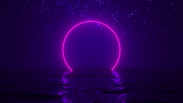 Retro Glowing Circle Frame Stars and Blue Ocean Surface