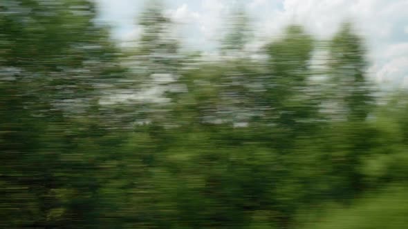 View From Window of Highspeed Train on Landscape of Beautiful Nature Wild Field and Forest on