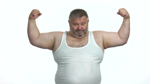 Obese Man Showing Biceps on White Background