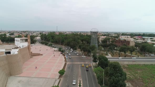 Street Near the Front Gate Ark of Old Bukhara City Fortress a Filmed By Drone on a Warm Cloudy Day