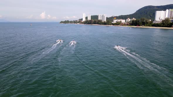 Aerial view jet ski water activity