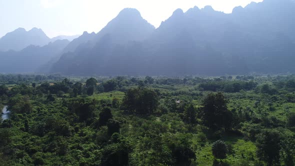 River near town of Vang Vieng in Laos seen from the sky