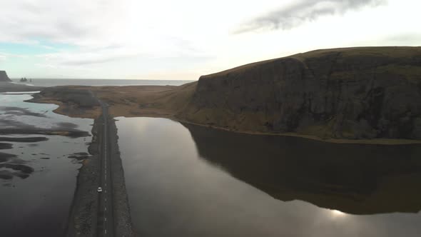 Panning Aerial Shot of Stunning Icelandic Coastline.