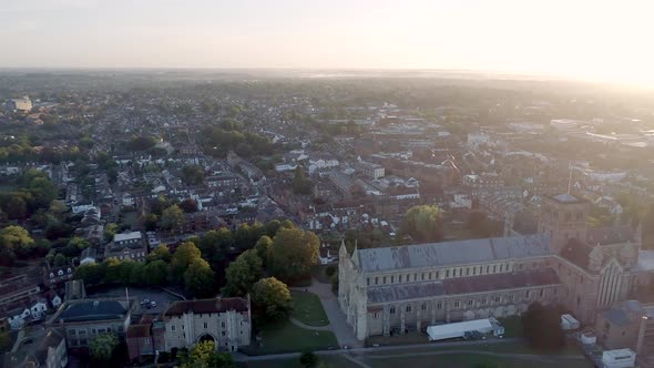 Sunrise Aerial View of the City of St Albans and its Cathedral in England