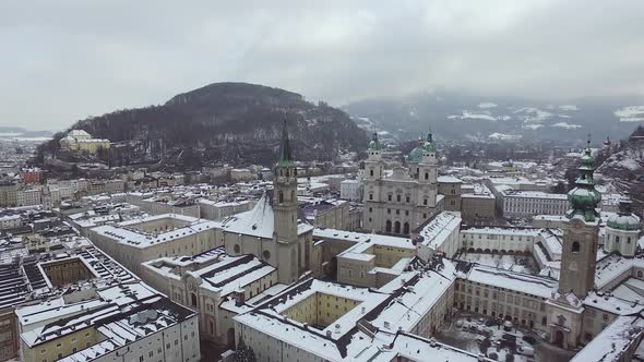Aerial view of Salzburg cathedral and a church