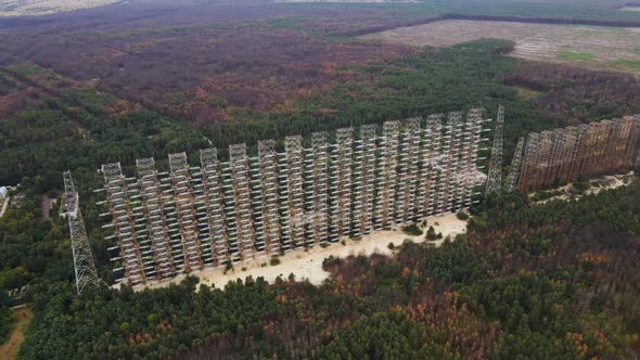 Aerial view of Duga radar system in abandoned military base in Chernobyl