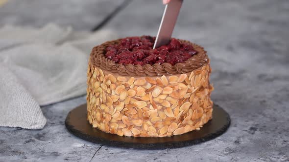Cutting a Chocolate Cherry Cake with Almond Flakes.