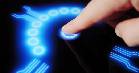 Human Finger Turns on Touch Screen Button and Activates Futuristic Artificial Intelligence