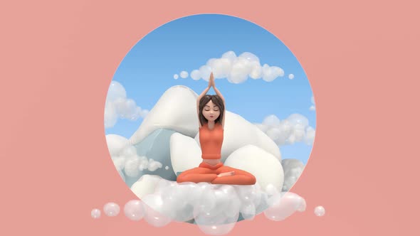 A girl on a cloud in a yoga pose against the background of mountains