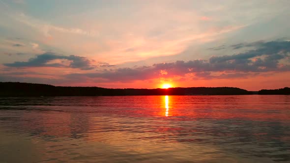 Red sunset on lake