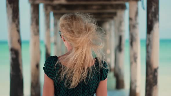 Woman Hair Blowing.Walking On Coastline And Hair Blowing On Wind.Happiness On Vacation Solitude.