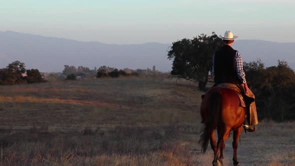 Cowboy rides his horse into the distance with beautiful orange light shining on the horse