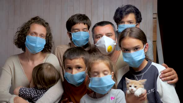 Portrait of Large Family Different Races Together in Mask Posing for Camera