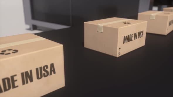 Boxes with MADE IN USA Text on Conveyor
