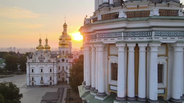 Kyiv-Pechersk Lavra in the Morning at Sunrise. Ukraine. Aerial View