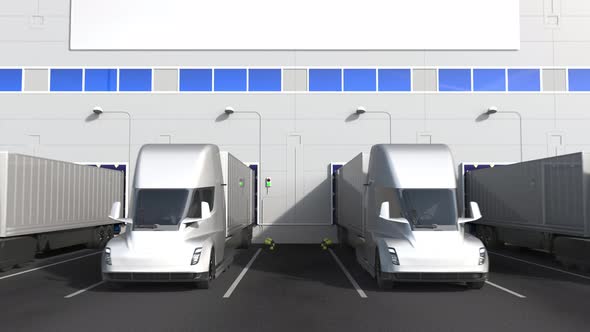 Trailer Trucks at Warehouse Bay with Flag of SINGAPORE alt