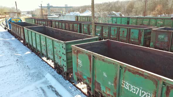 Freight Station with trains. Industrial view with lot of freight railway trains waggons