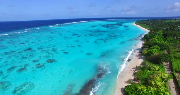 Daytime overhead copy space shot of a white paradise beach and blue sea background in hi res 4K