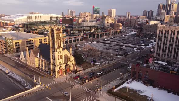 St. John's Episcopal Church Near Comerica Park In Detroit Downtown, Michigan, USA. Aerial Orbiting S