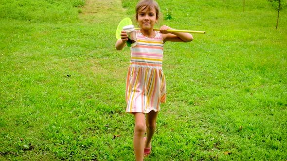 A Child Girl Catches Butterflies with a Butterfly Net