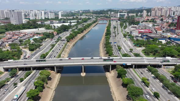 Famous buildings and highway road at downtown Sao Paulo Brazil.