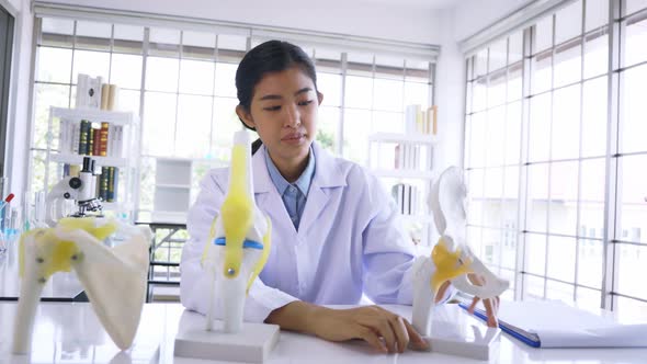 Young Asian Woman Doctor in Labcoat Preparing a Bone Model to Describe Symptoms From Camera Pov