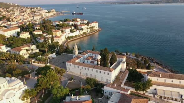 Aerial View of Spetses Old Town and Marina or Seaport Greece  Drone Videography