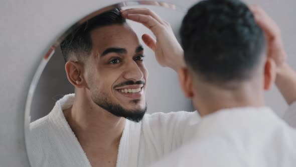Handsome Male Model Indian Hipster Arabian Bearded Guy Doing Hairstyle Correct Hair Looking in