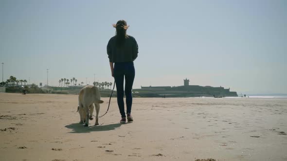 Back View of Young Lady Walking with Dog on Sandy Beach