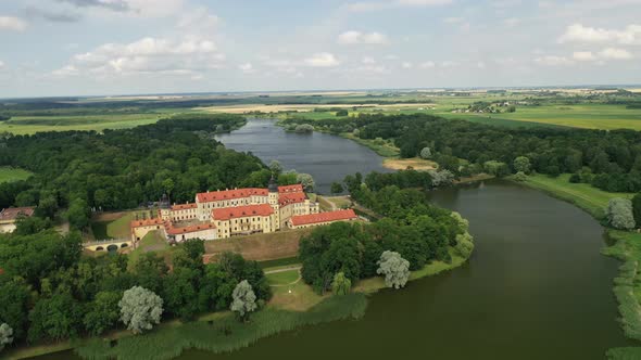 Flying Over the Nesvizh Castle, the Park Around the Castle and the Lake, Aerial Video of Nesvizh