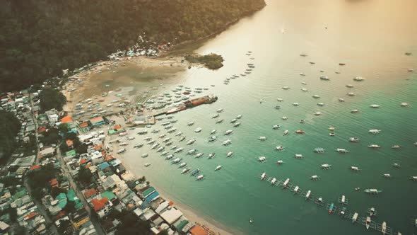 Aerial Panorama of Tropic Port City with Boats Ships at Water