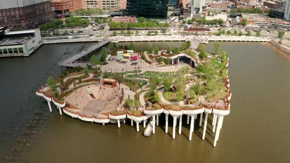 Aerial Drone Shot of New Little Island Park on Hudson River in New York City, NY