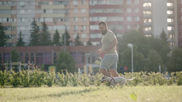 Happy Owner Walks with His Dog